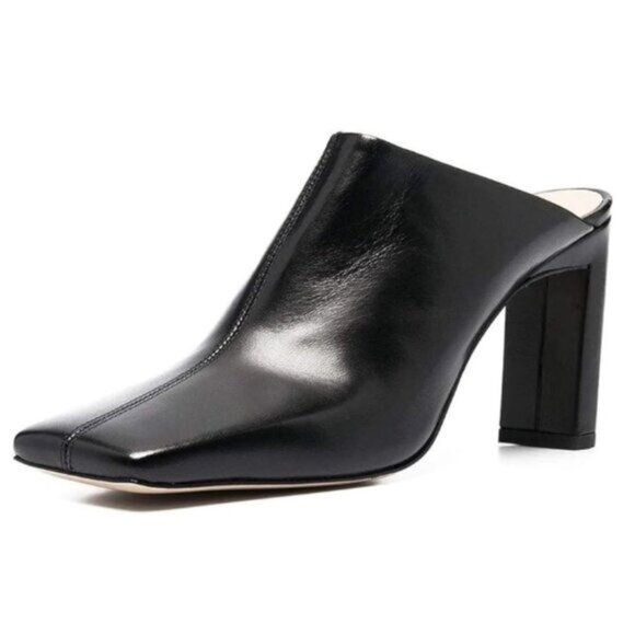 FSJ Women Closed Squared Toe Mules Slip On Chunky Mid High Heels Backless Black - Picture 1 of 8